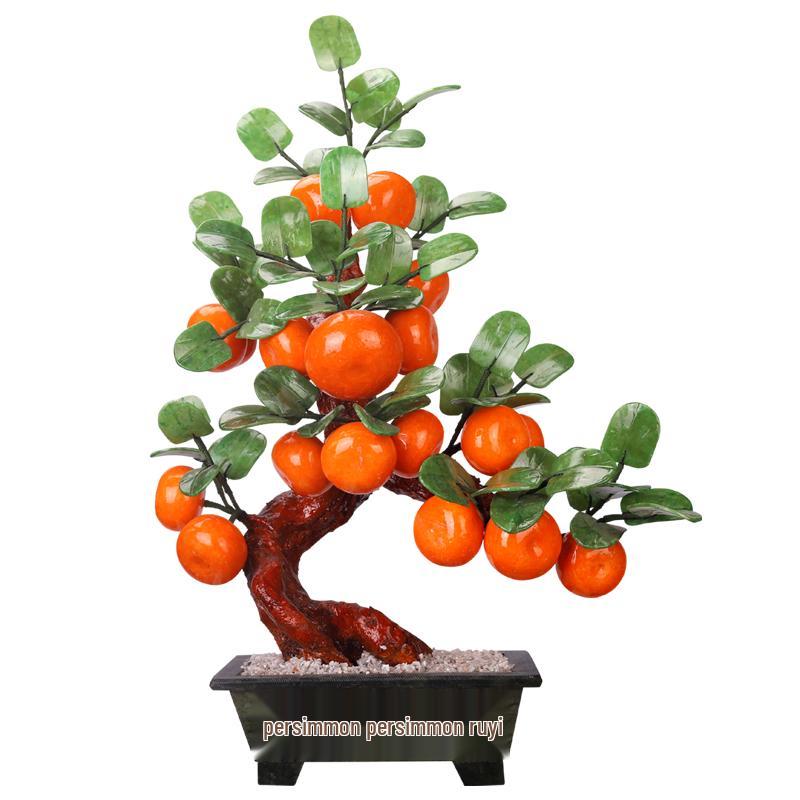 Jade Carved Persimmon Tree Ruyi Ornament - New Chinese Style Decor for Living Room or Entrance