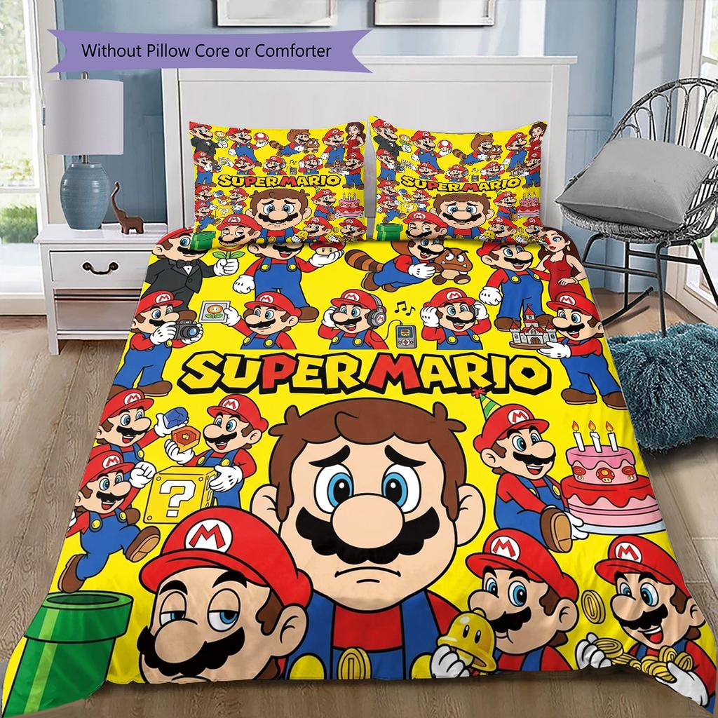 Super Mario Pattern Bedding Quilt Set Quilt Cover Pillowcase Home Birthday Gift(1 * duvet cover + 2 * pillowcase, without core)
