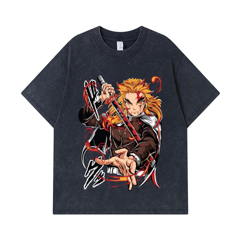 275 GSM Washed T-shirts 100% Cotton Demon Slayer V85 Rengoku Print Unisex Heavy Cotton T Shirt