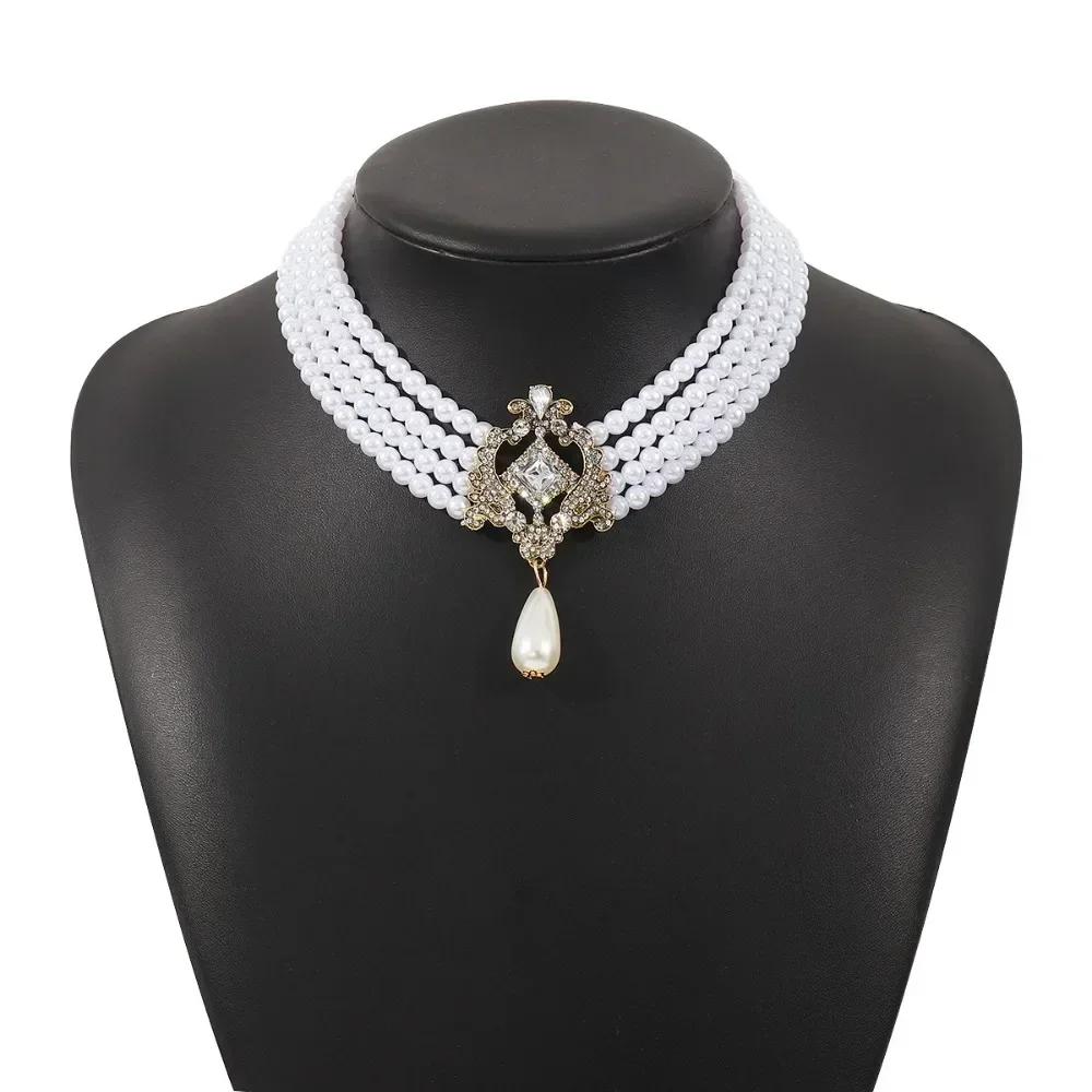 Vintage Elegant Multi Layer Pearl Necklace Luxury Shiny Rhinestone Pendant Necklace for Female Party Jewelry Accessories
