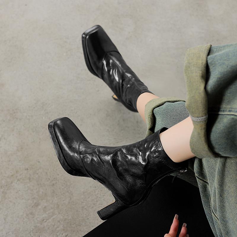 Krazing Pot Sheepskin Winter Square Thick High Heels Chelsea Boots Women Zipper Platform Ankle Boots