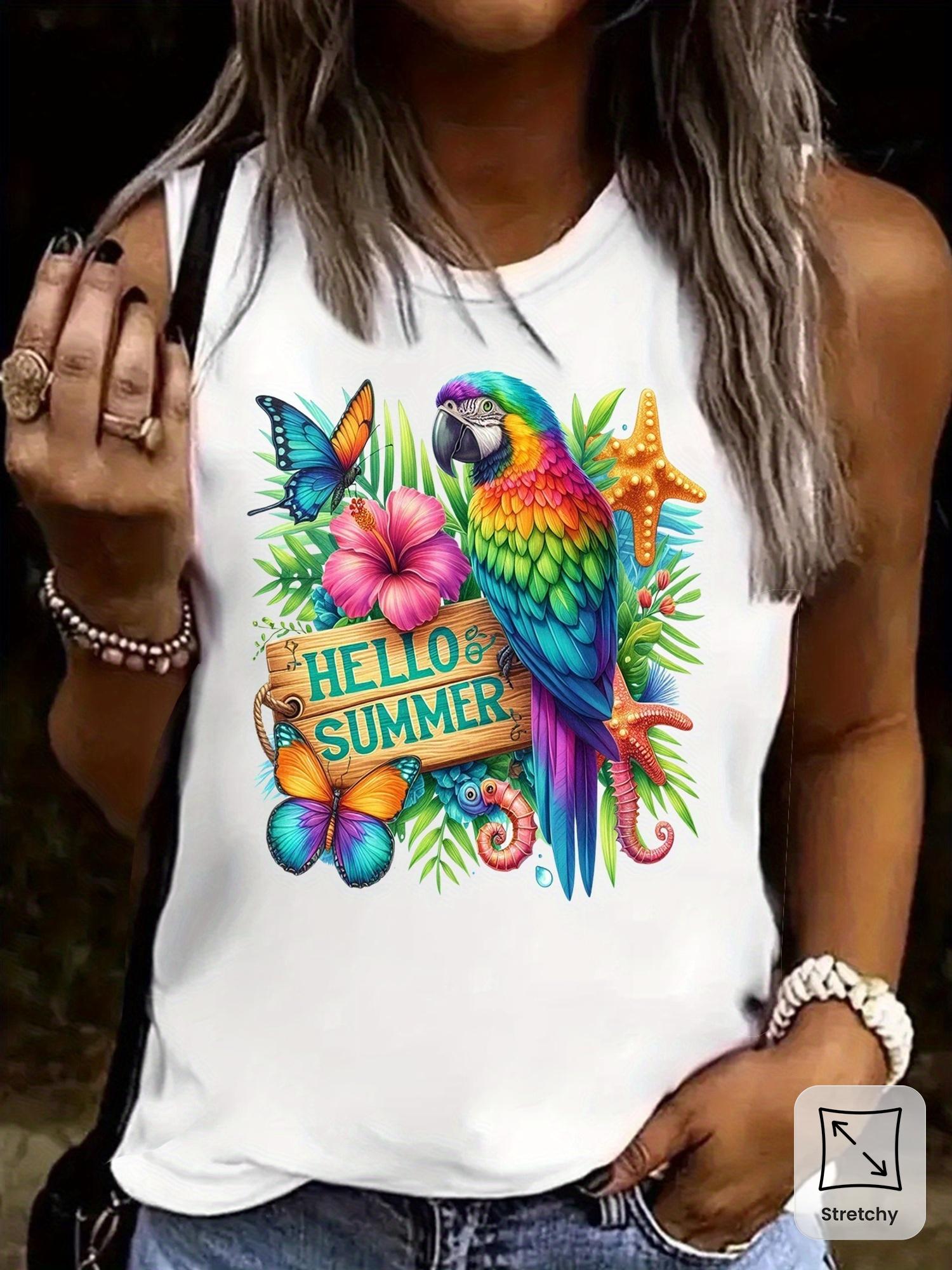 Colorful Parrot Butterflies Tropical Flower T-shirt L
