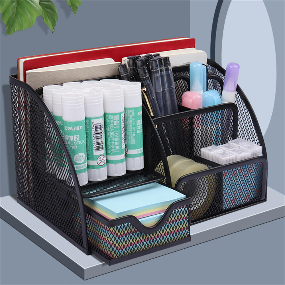Office Desktop Storage Box Pen Holder Metal Mesh Square Divided Container Spacious Stationery Organizer School Supplies