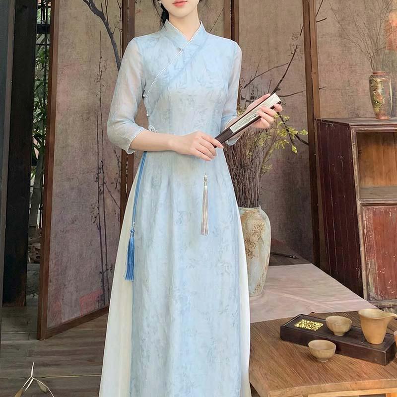 Women's Zen-Inspired Mid-Length Hanfu Qipao Dress for Spring/Summer