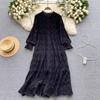 Sexy Hollow Out Lace Dress for Women Summer Sweet O Neck Long Sleeve Mid Length A Line Dresses