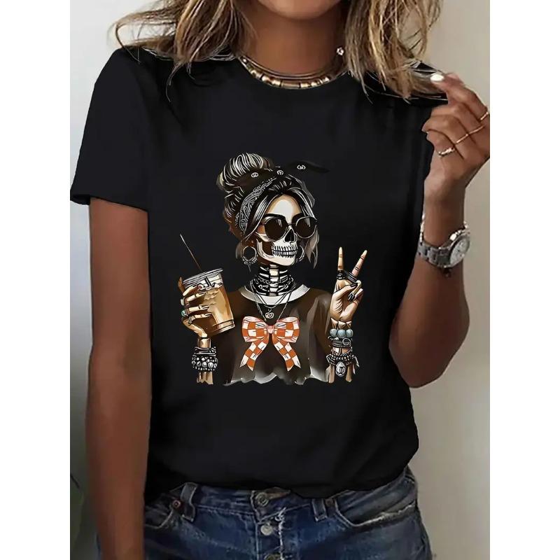 Women's Halloween Skull Pattern Printed T-shirt Skull Pattern Short Sleeve T-shirt