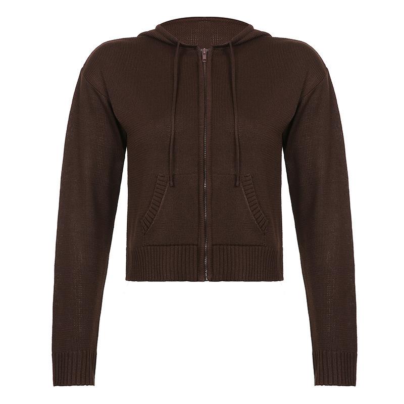 Autumn and Winter Women's Warm Hooded Zip Cardigan Pockets Solid Colour Jacket Short Temperament Tops