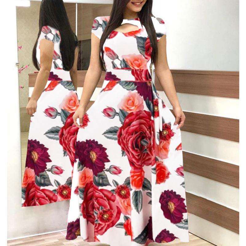 GMXIA Böhmisches Kleid mit Blumenmuster, kurzen Ärmeln, für Damen, Herbst/Winter, lange Kleider, Rundhalsausschnitt, großer Schwung