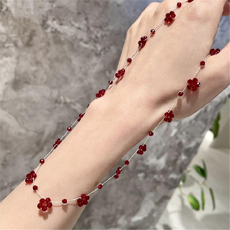 Hypoallergenically Crystal Bead Necklace Red Flower Detailing Lightweight Layering Jewelry Women Clavicle Chain