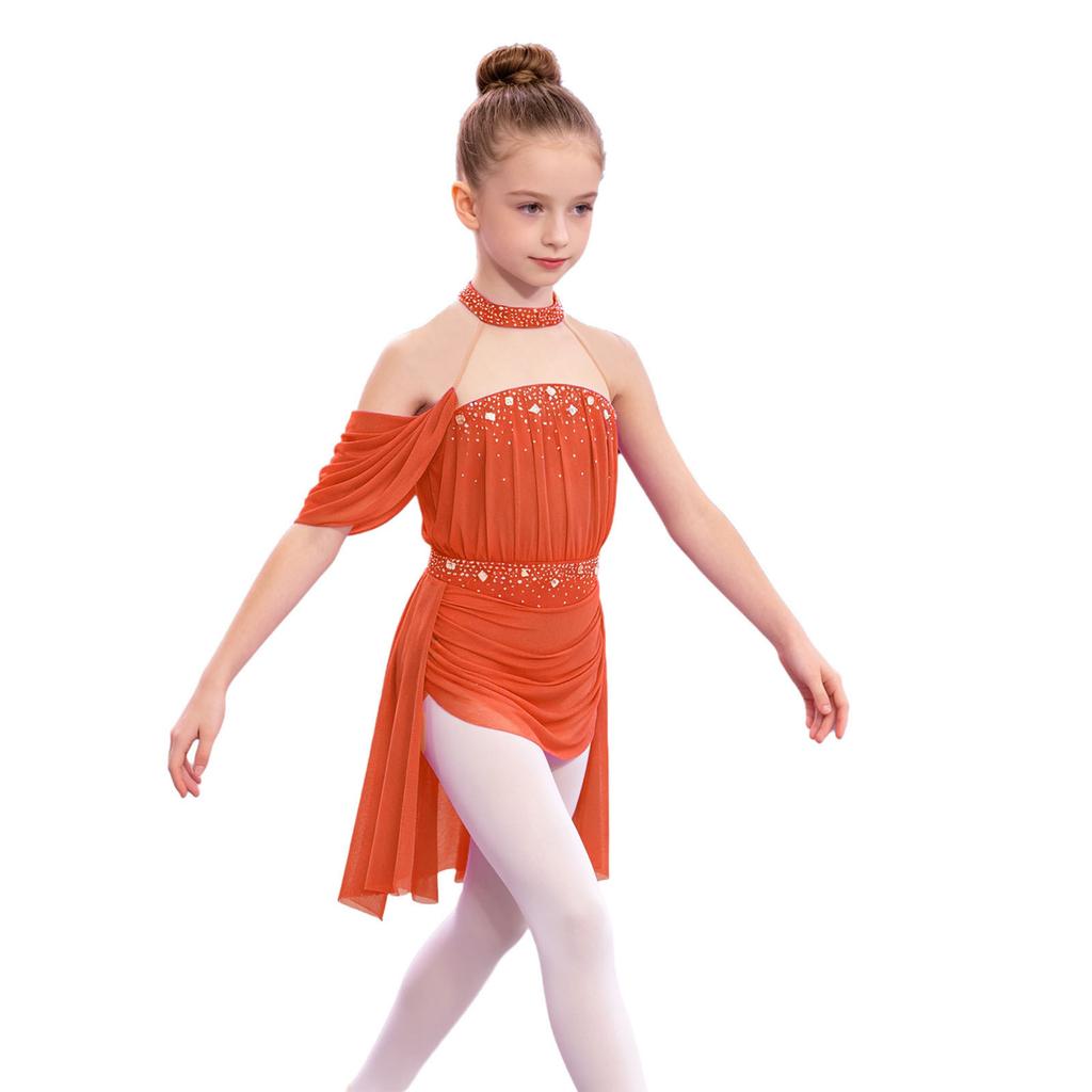 Girls Halter Backless Ruched Mesh Drape Dress Lyrical Dance Performance Rhinestone Costume