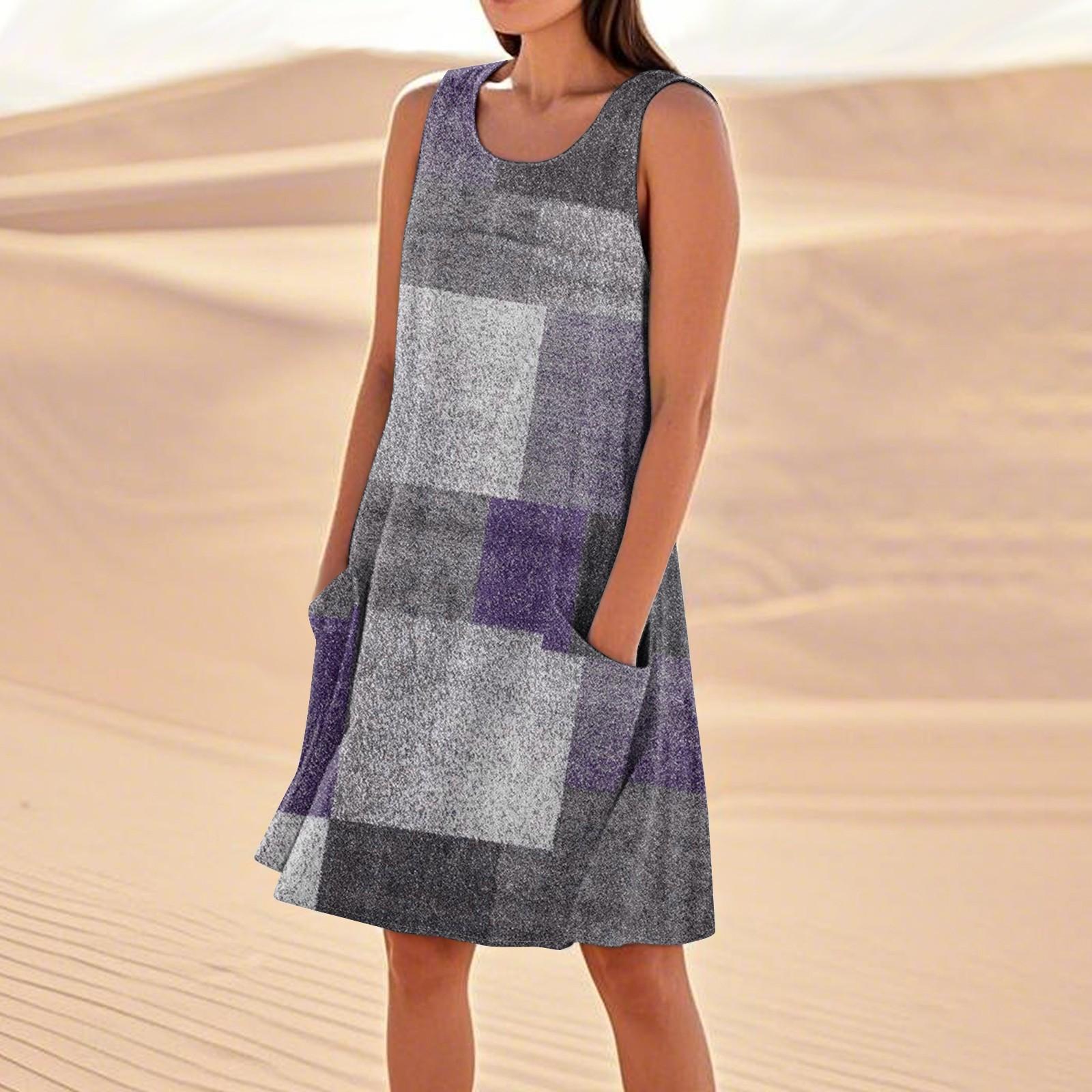 

Летние платья для женщин, свободные пляжные повседневные сарафаны без рукавов с карманами, платье-майка L фиолетовый