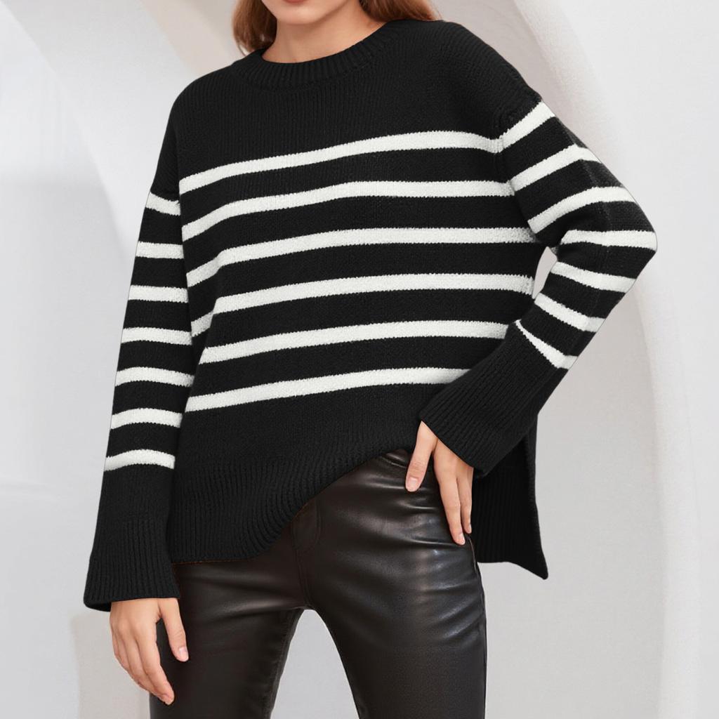 Women's Casual Striped Loose Round Neck Pullover Sweater