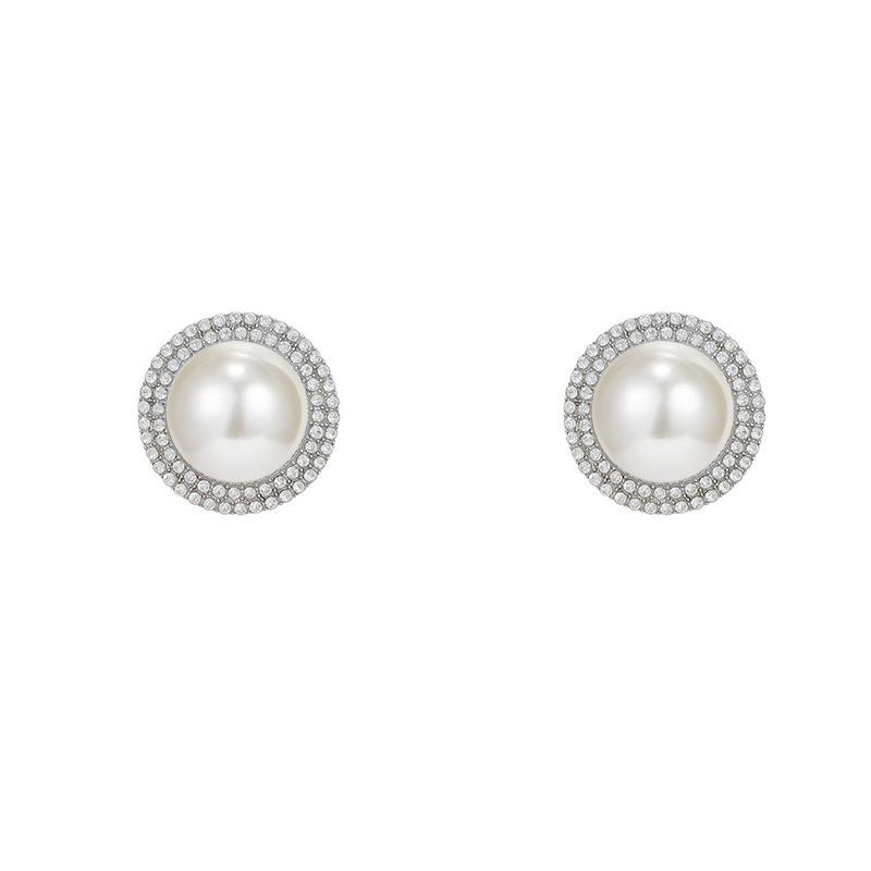 S Silver Needle European and American Retro Pearl Earrings Women's Full Diamond Round Stud Earrings Cold Wind Ear Jewelry