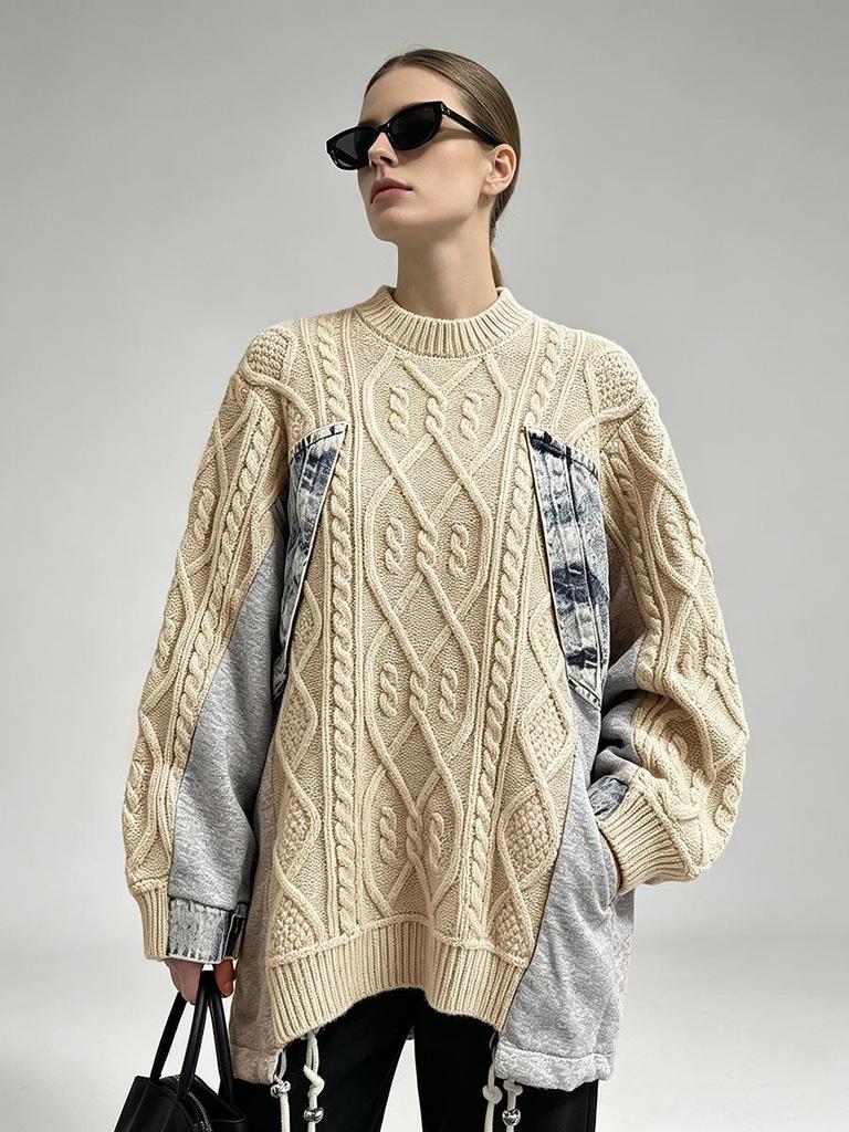 European High-End Denim Patchwork Knit Lazy Sweater, Autumn/Winter 2026 Collection