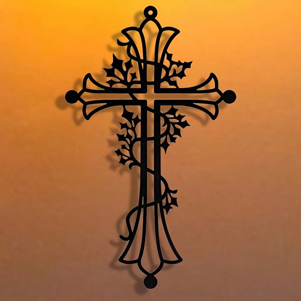 Elegant Abstract Metal Cross with Vines: Wall Decor & Gift