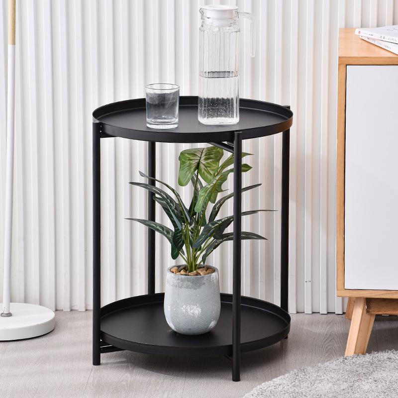 Nordic Creative Wrought Iron Coffee Table - Modern Minimalist Small Round Side Table with Double Layer Tray for Living Room or Balcony