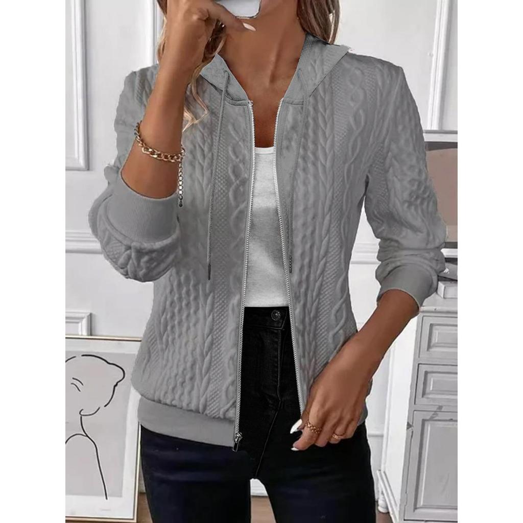 Ladies' Casual Jacket, V-neck, Long Sleeved Zipper, Front Opening, Solid Color Jacket, Zipper Jacket