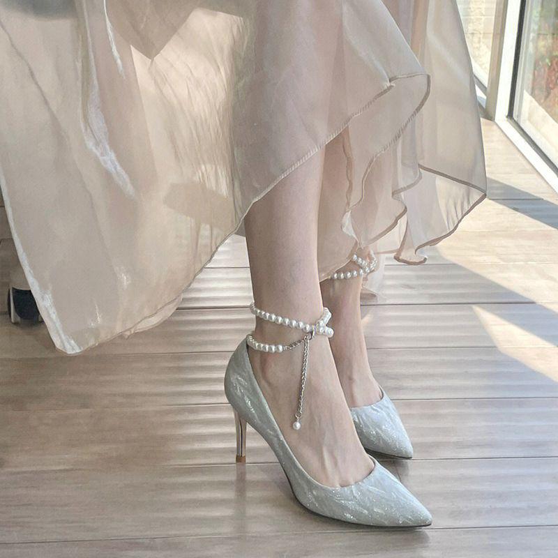 Silver Pearl Strap Sequin High Heels: Women's Pointed Toe Bridesmaid Shoes, Coming-of-Age 2025 Edition
