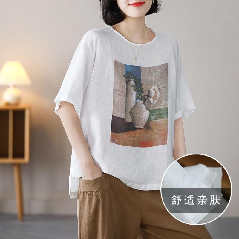 YYFS Women's Fashion Casual Summer Spring Flower Pattern Print 1/2 Sleeves O-Neck Blouses & Shirts