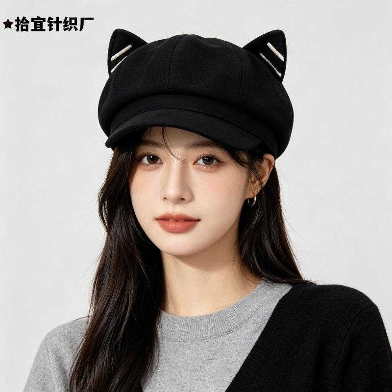 Octagonal hat women's cute cat ears show face small newsboy hat autumn and winter fashion retro painter hat beret versatile