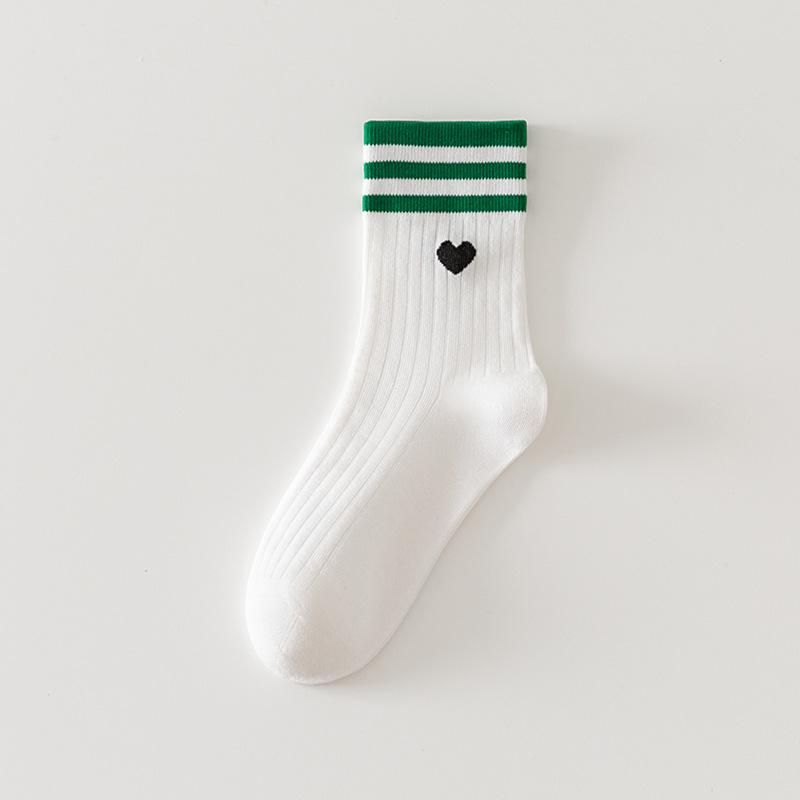 Heart Embroidery Mid-Calf Seamless Women's Socks - Korean Style, Striped, Solid Color Cotton for Autumn & Winter