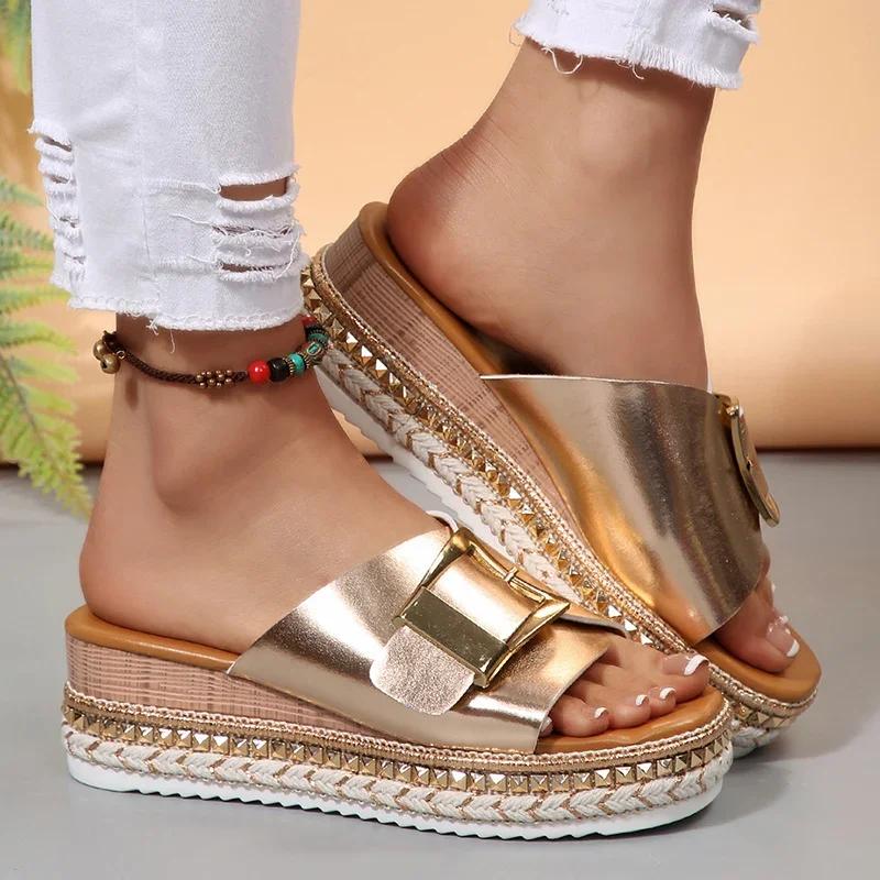 Fashion Metal Buckle Design Slippers for Women 2025 Summer Platform Thick Bottom Sandals Plus Size Woman Open Toe Wedges Slides Shoes