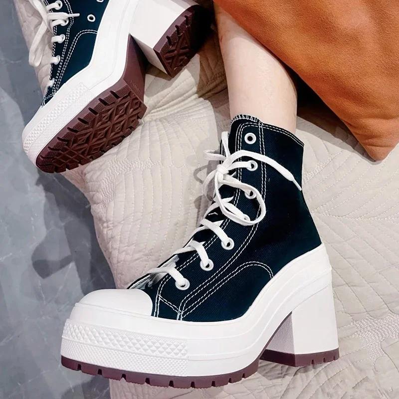 Scarpe Alte Piattaforma in Tela Retro Nuove Donna Tacco Spesso High Top Punta Tonda Impermeabili Sneakers Casual con Cinturino Sottile a Fibbia