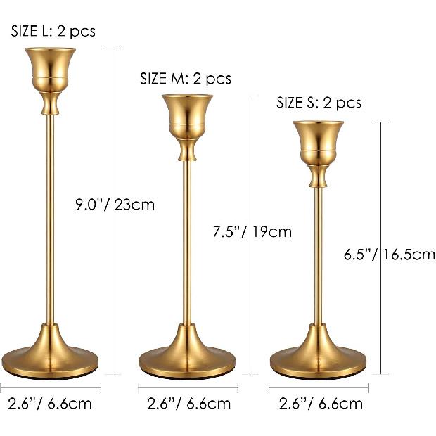 Candle Holders,Set of 6 Candlestick Holders for Taper Candles, Brass Gold Modern Decorative Candle Stick Holder for Table, Mantel, Wedding, Dinning,