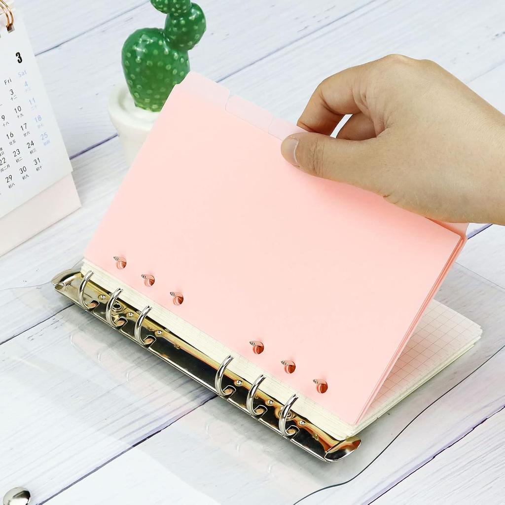 Personal A6 Dividers 6 Hole Transparent Binder Index Page Dividers with Tabs Plastic Tab Dividers with Stickers for Binders, Planner, Agenda (Pink -