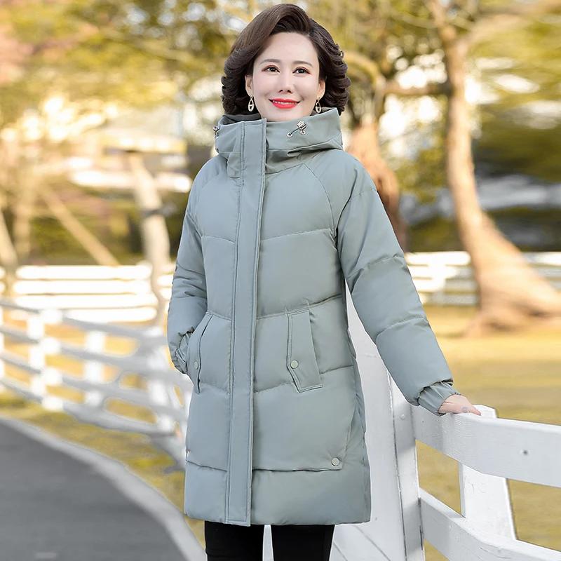 Winter Cotton Padded Jacket Hooded Fleece Thick Parkas Warm Loose Long Overcoat Middle Aged and Grandma Snow Coat