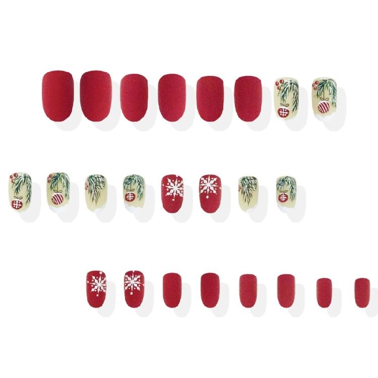 Christmas Party Press On Nail Green Leaves Pattern Short Square False Nail With Glitters Design Party Manicure Set