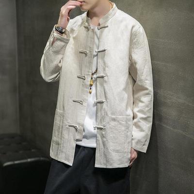 Men's Chinese Style Zhongshan Linen Shirt, Loose Fit, Long-Sleeved, Retro Tang Suit Top for Spring and Autumn.