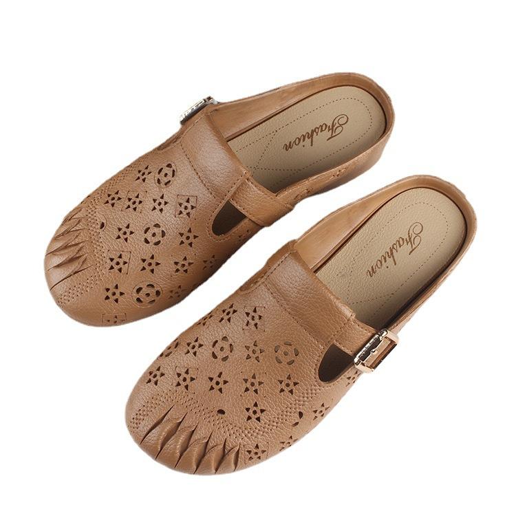 Женские тапочки для летней носки, повседневные тапочки с плоской подошвой и закрытым носком, полутапочки, модные сандалии с вырезами и пряжкой-однословкой