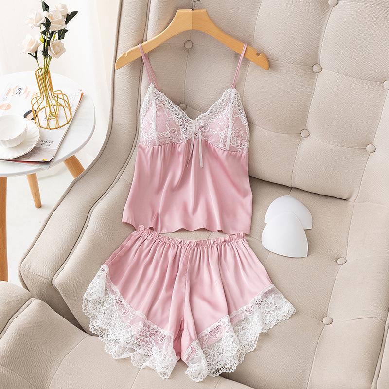 Summer pajamas women's thin ice silk suspender shorts two-piece set sexy belt chest pad lace halter vest set