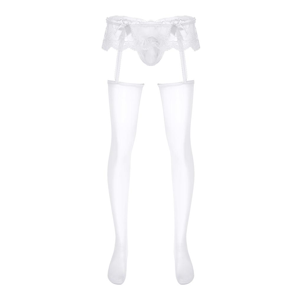 Mens Exotic Sheer Lace Briefs with Stocks Cutout Pantyhose Bulge Pouch G-Strings Glossy Garters Leggings Sissy Nightwears Party