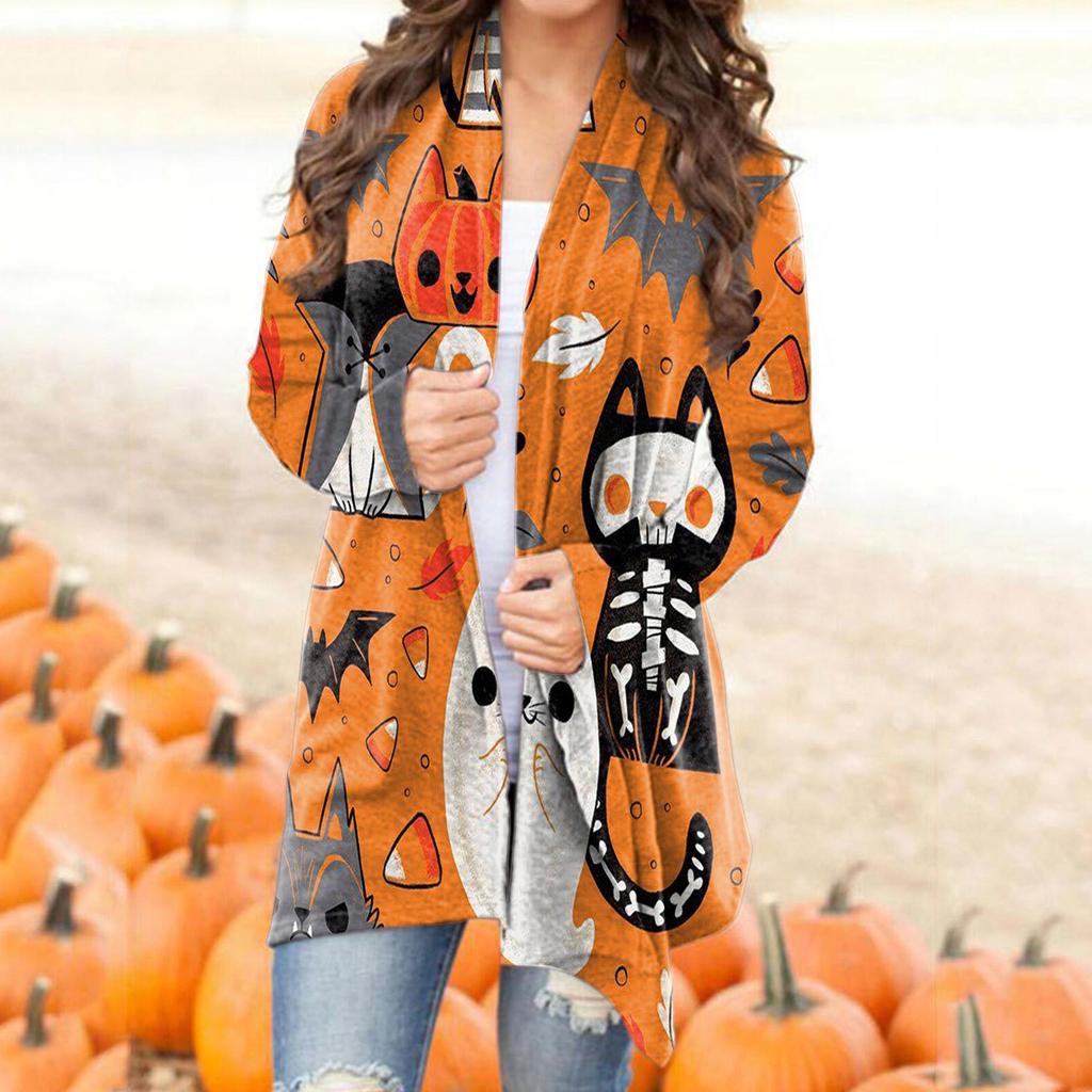 Fashion Women's Halloween  Cat  Print Long Sleeve Cardigan Jacket