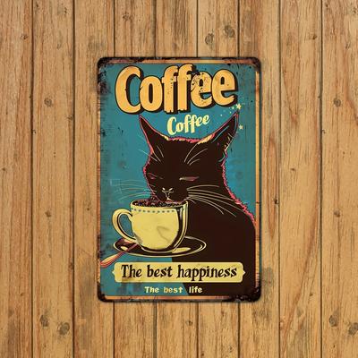 Antique Coffee Cat Metal Tin Sign Wall Art Vintage Iron Home Decor Suitable for Kitchen Cafe Bar Garage Humorous