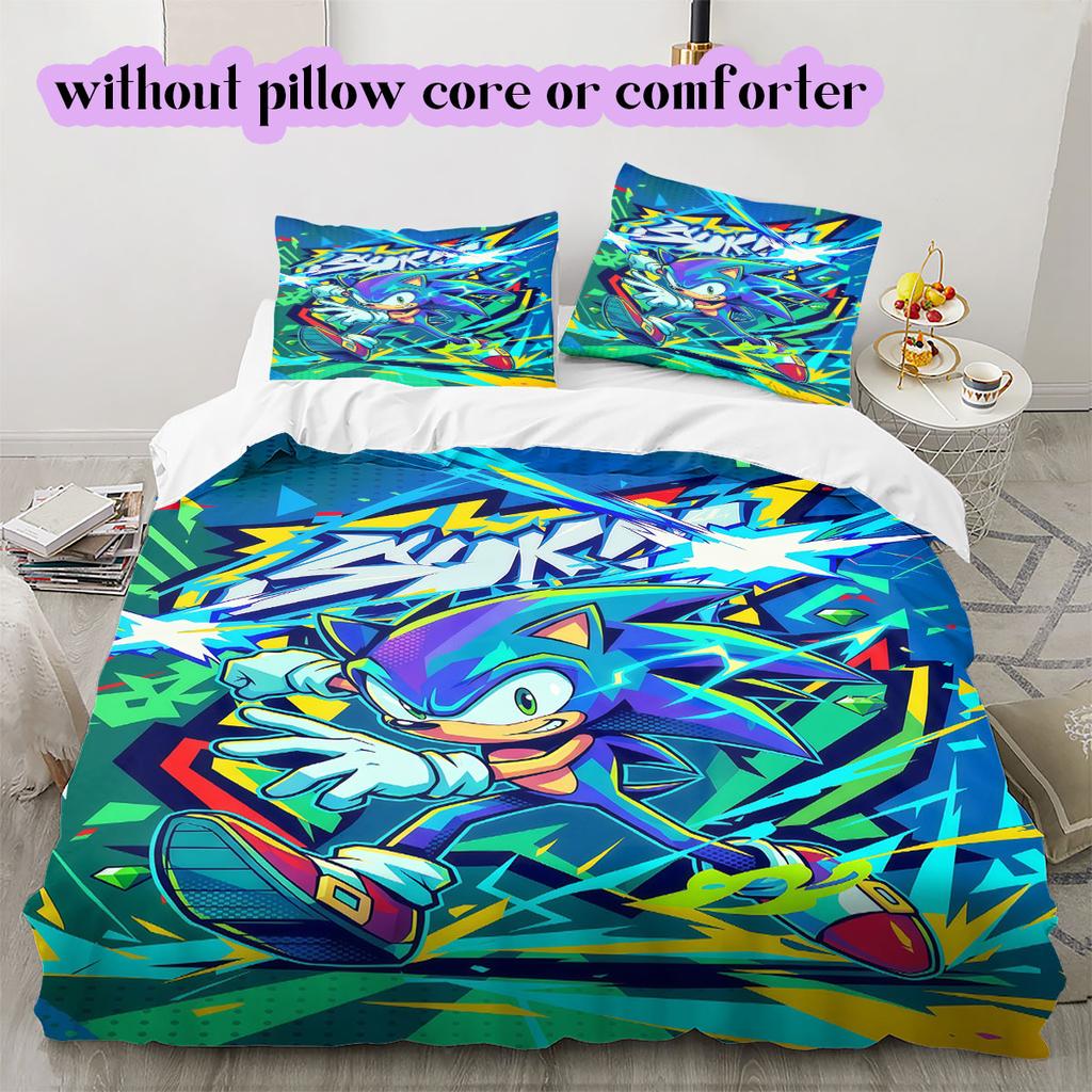 Hedgehog Sonic Deluxe Anime Duvet Cover Set,3 Piece Printed Cartoon Decor,Cool Bedroom Comforter Cover for Modern Home_LIAN