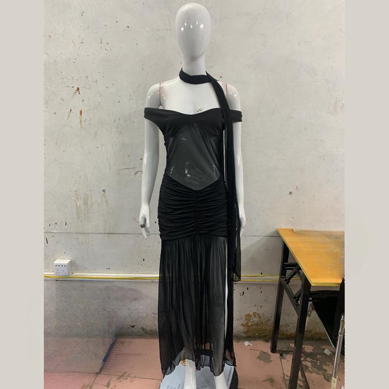 European and American summer sexy V-neck see through backless temperament slit dress