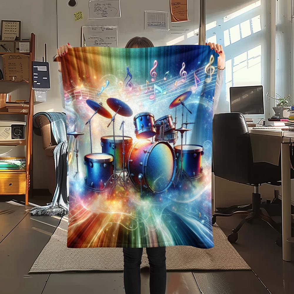 1Pc Drum Set Print Flannel Blanket, High Quality Comfortable for All Seasons, Home Decor, Warmth and Comfort, Perfect for Gifts