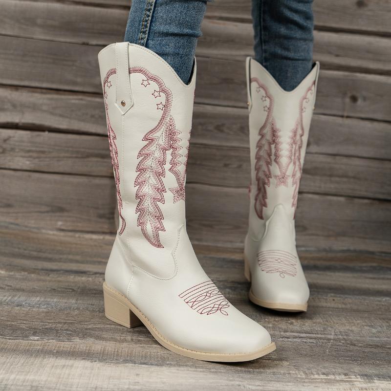 2024 Fashion Women's Shoes Mid-Calf Women's Boots Retro Daily Boots Women Embroidery Slip on Square Toe Square Heel Ladies Shoes