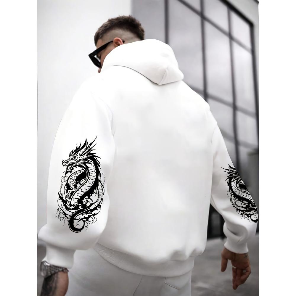 Dragon Element Print Pocket Hooded Sweatshirt Is Suitable for Daily Holiday Outdoor Wear, Autumn And Winter Thickened Men'S Print Hoodie