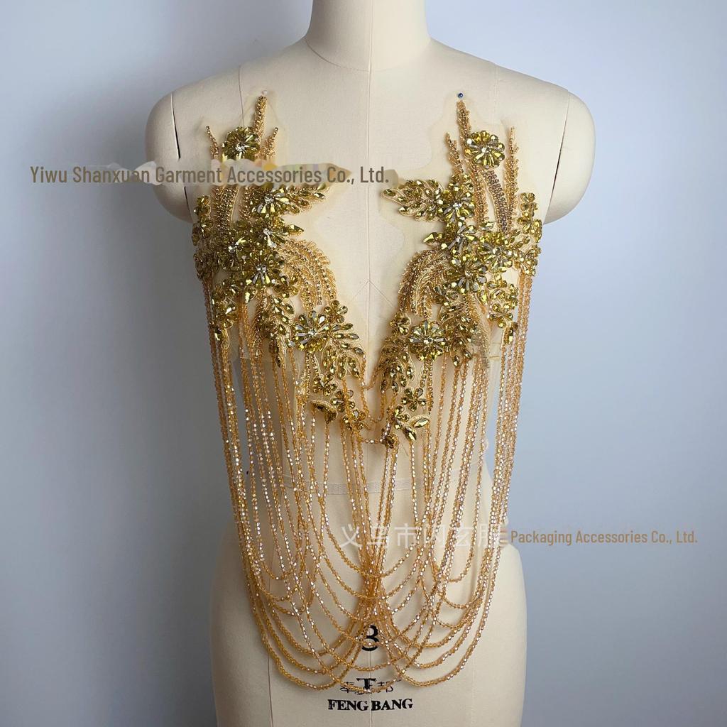 Handmade Beaded Tassel Wedding Dress Shoulder Ornaments with Crystal Diamond Lace Applique