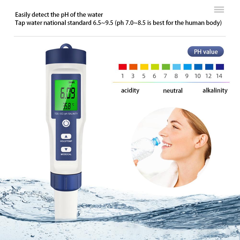 5-in-1 Water Tester Water Quality Tester High Accuracy Digital PH Tester Backlight PH/EC/TDS/Salt/Temp Meter for Drinking Water