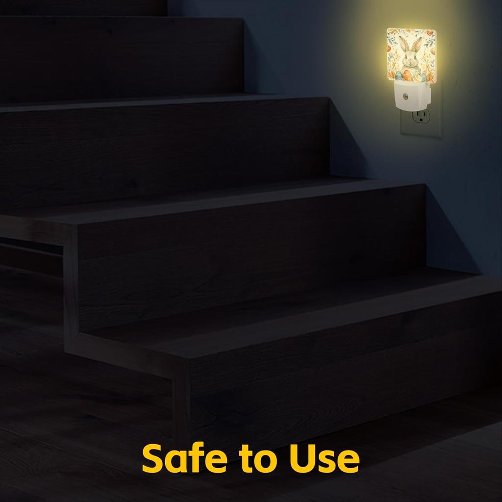 Easter Eggs Bunny Leaves Plug in Night Lights,Watercolor Cute Rabbit Night Light Plug into Wall with Dusk to Dawn Sensor Decor for Women Men
