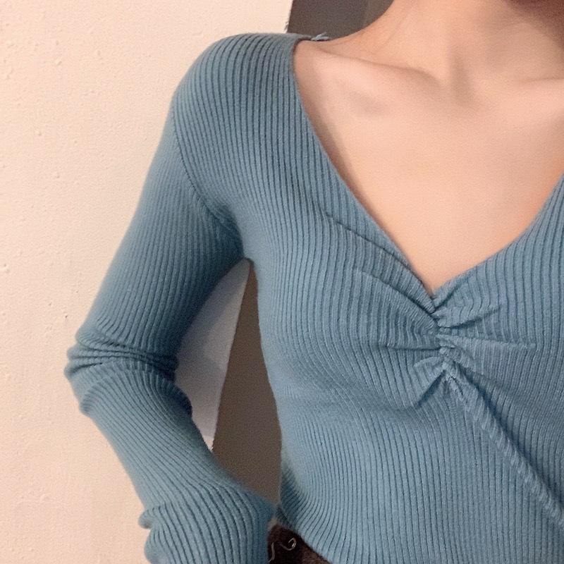 Fall Winter Women V Neck Solid Color Long Sleeve Pleated Knitted Bottoming Chic Sweater