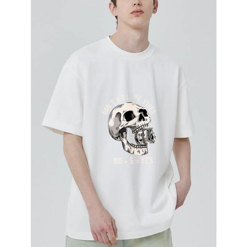 Black T Shirt with Skull and Money Print Don T Kill My Vibes No Plus Dollar Equals Yes Graphic Tee for Casual Wear