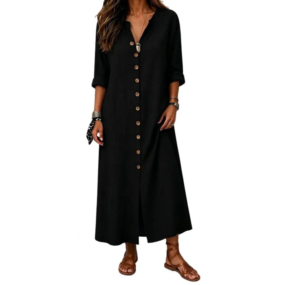 Vintage Long Dress Women Loose Fit V Neck 3/4 Sleeve Front Buttons Split Hem Maxi Dress Casual Work Vacation Solid Color Dresses