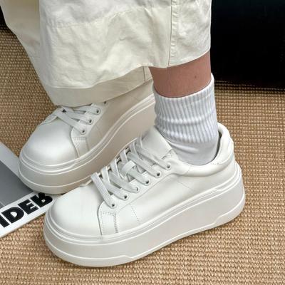 Casual Versatile Board Shoes Lace-up Leather Muffin Thick Sole Heightening College Style Women's White Shoes
