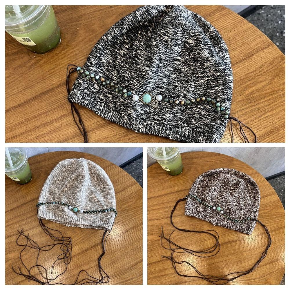 Ethnic Style Bohemian Beanies Hat Coldproof Jacquard Woolen Hat Fashion Beaded Fringed Cap  Female